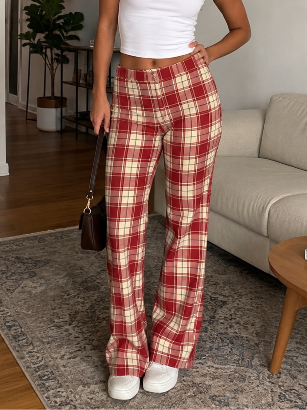 Zara Red and Cream Plaid Pants